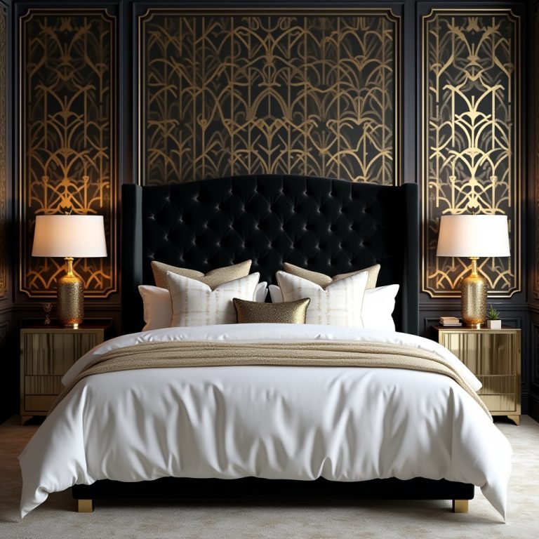 black white and gold bedroom 1