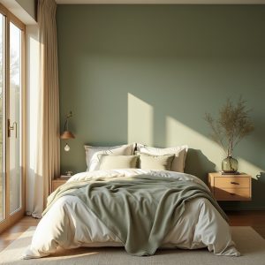green and beige bedroom 1