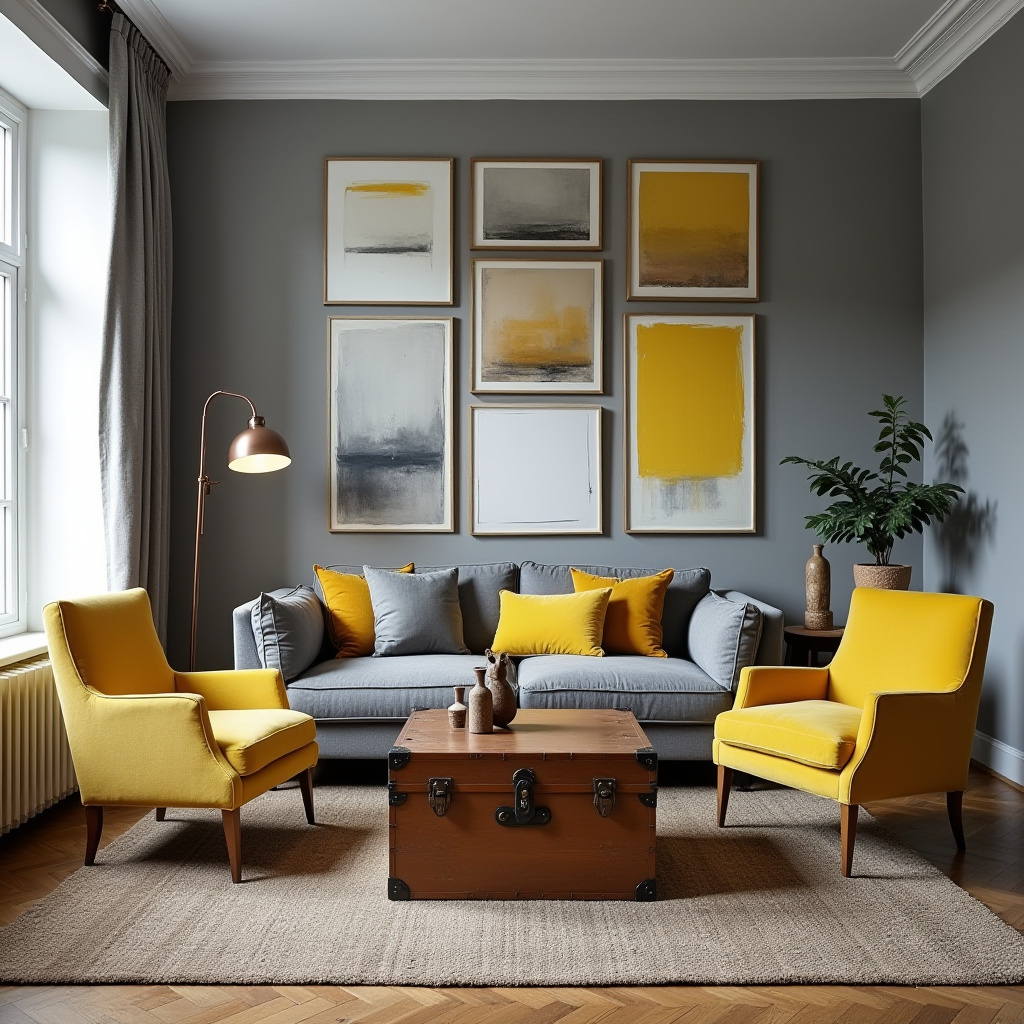 grey and yellow living room 17