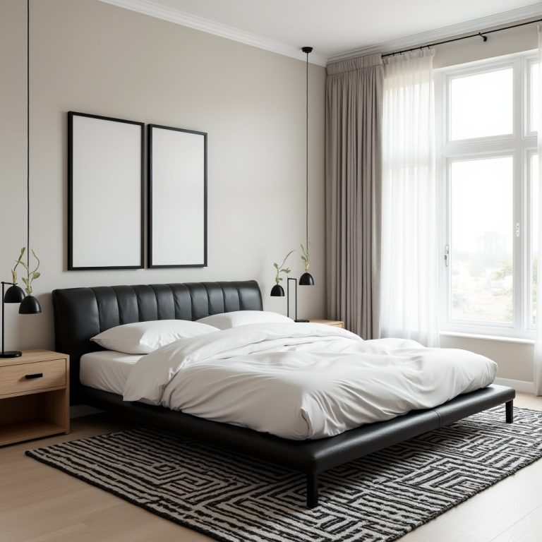 neutral bedroom with black accents 1